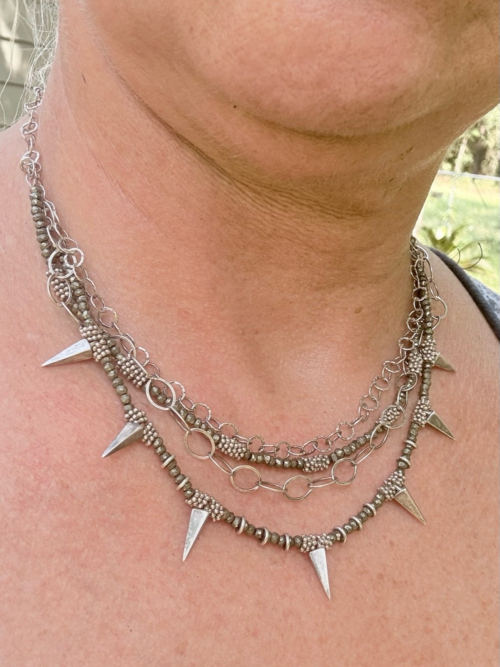 925 Sterling Silver 28.5 grams Layered Silver Spike Necklace - Women Jewelry